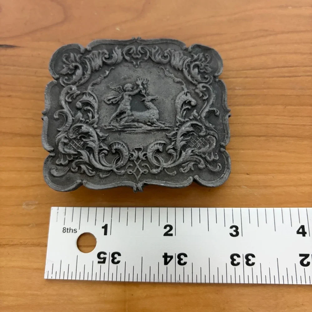 Vintage 1974 Lewis Buckles Original Design Cherub Stag Pewter Tone Belt Buckle